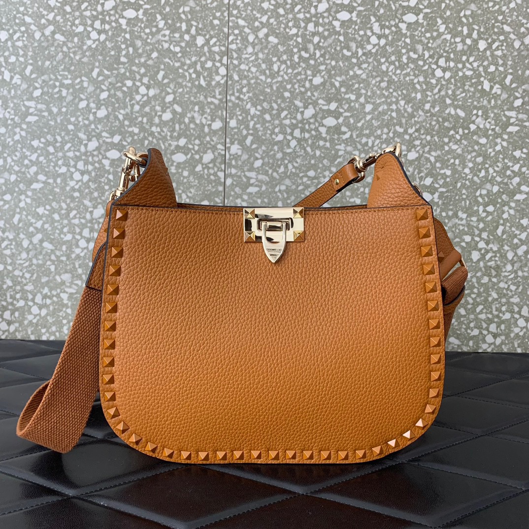 Valentino Garavani Rockstud Hobo Bag in Brown Grainy Calfskin